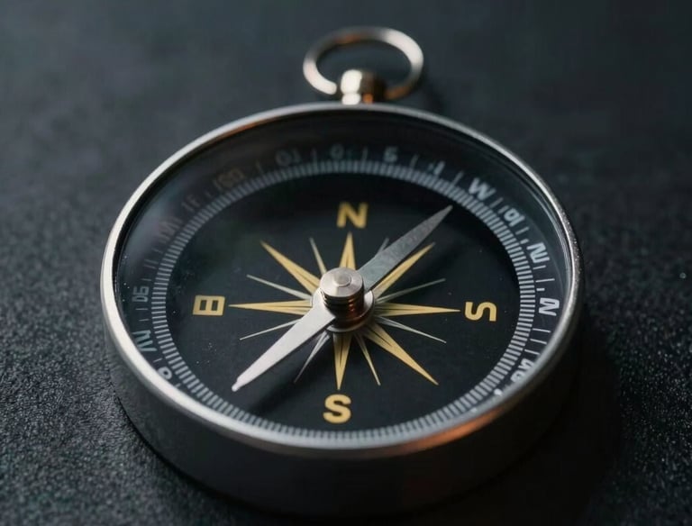 An elegant compass with gold accents pointing forward against a dark background.