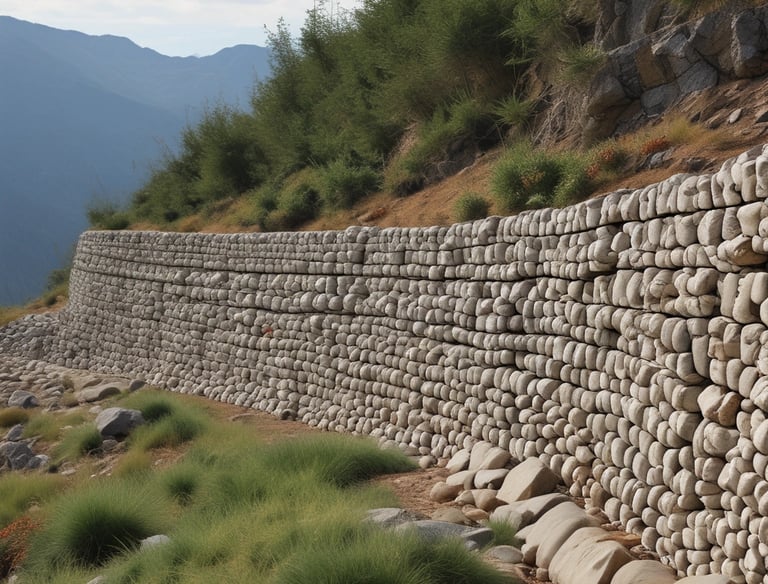 Close-up of sturdy gabion walls blending with natural Patagonian landscapes under a cloudy sky.