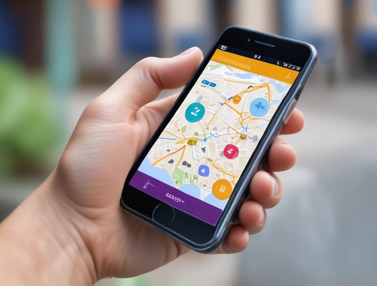A colorful mobile app interface displayed on a smartphone held by a smiling user.