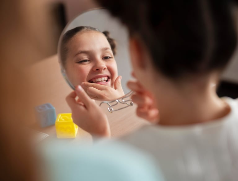 vaikas atlieka burnos ir liežuvio pratimus logopedo kabinete