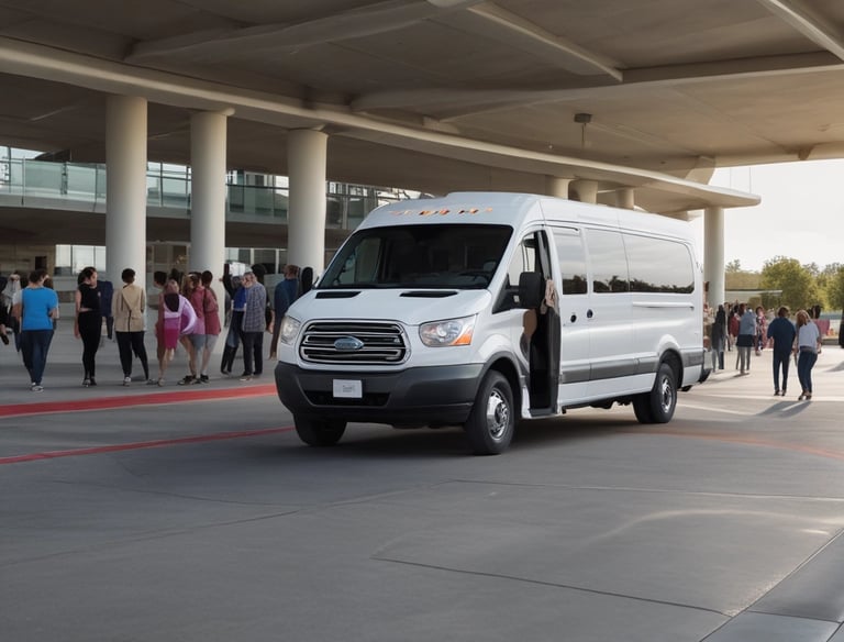 Passengers boarding a spotless c.a.r.e. van outside the Hampton Inn.