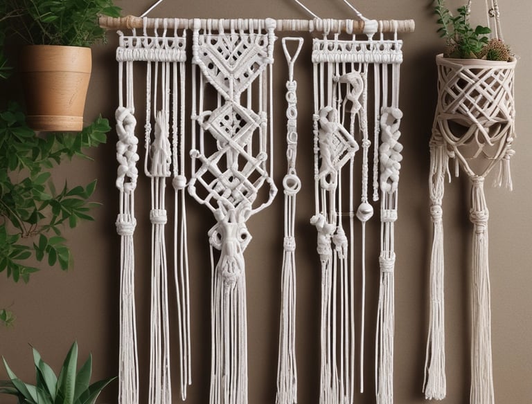 Tapiz decorativo y colgador de plantas en macramé blanco hechos a mano, exhibidos junto a plantas