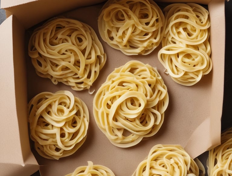 Stacks of golden fresh pasta sheets drying gently in a clean production room.