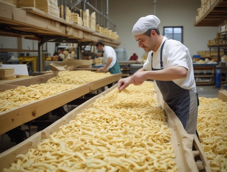 Close-up of hands expertly shaping fresh pasta dough on a wooden board.