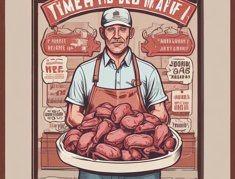 Friendly butcher handing a wrapped meat package to a smiling customer inside a cozy shop.