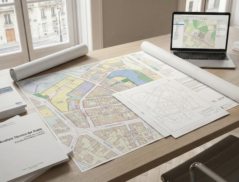 Plano urbanístico y documentación técnica para análisis de desarrollo de suelo en Andalucía.