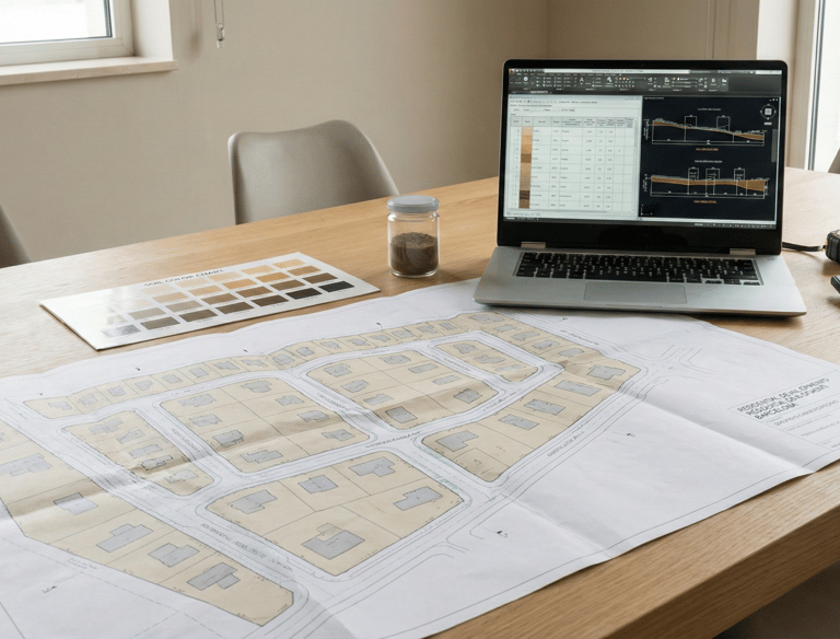 Estudio técnico de viabilidad de suelo con planos de urbanización y análisis preliminar.
