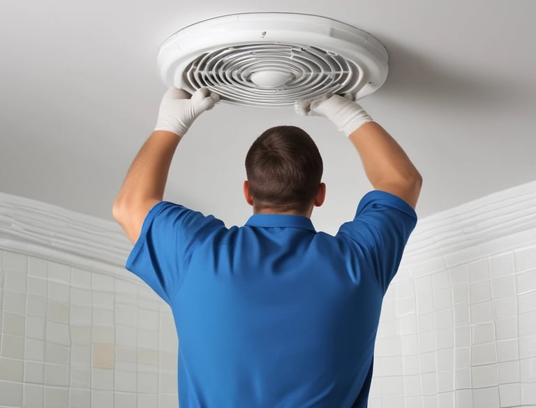Bathroom exhaust fan being replaced inside a modern apartment bathroom.