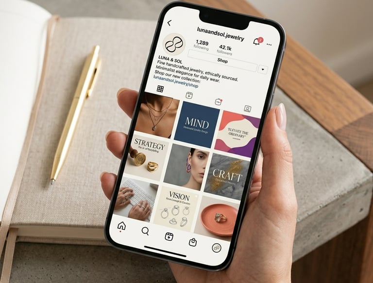 Social Media Content Design a smartphone a minimalist jewelry brand's Instagram profile grid.
