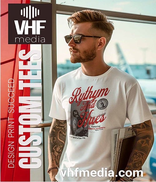 A man wearing a custom graphic tee from VHF Media with a vintage Rythym and Hues design.