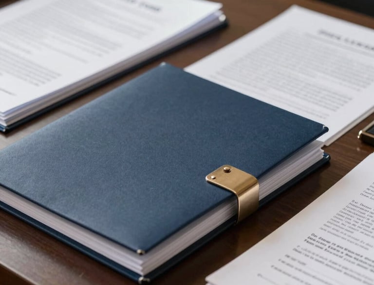 Professional lawyer consulting a client in a modern office with navy blue and gold accents.