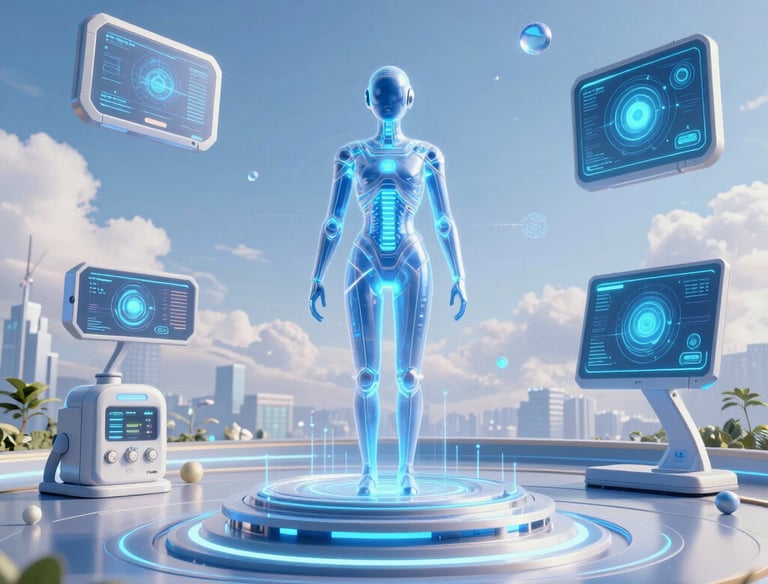 Futuristic technology devices glowing softly against a deep blue background.