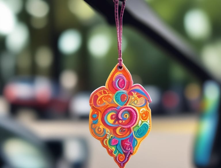 Close-up of a colorful paper car air freshener hanging from a rearview mirror.