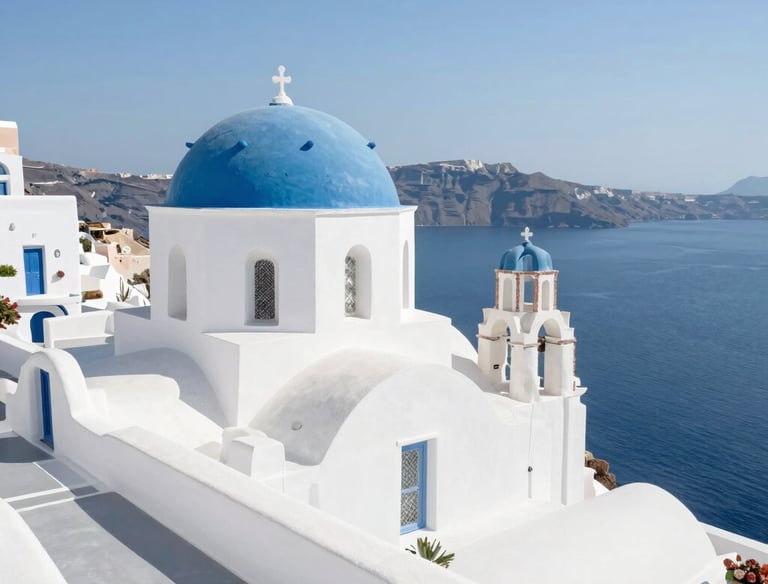 Traditional whitewashed villa with blue shutters by the sea in Santorini.