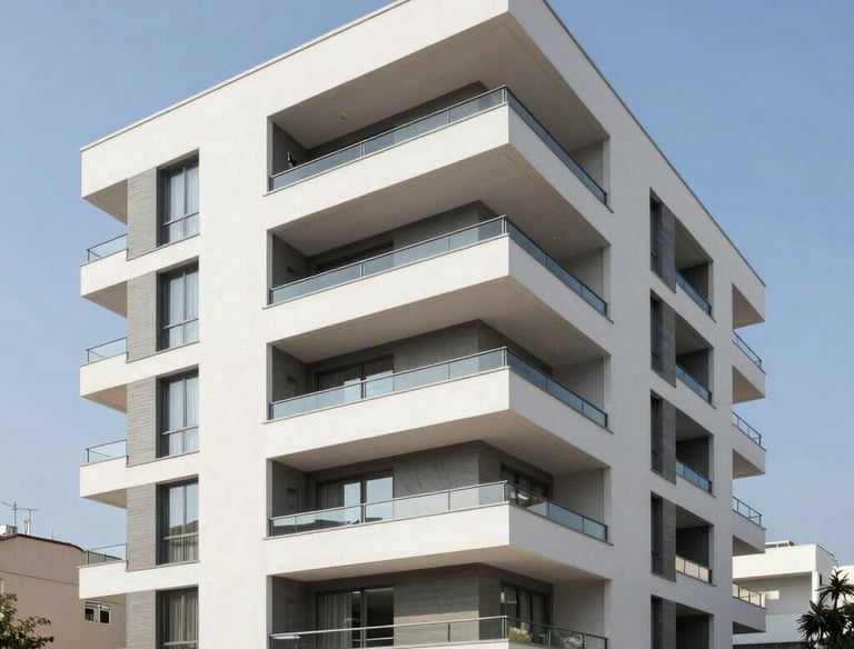 A sunlit modern apartment balcony overlooking the Athenian skyline.