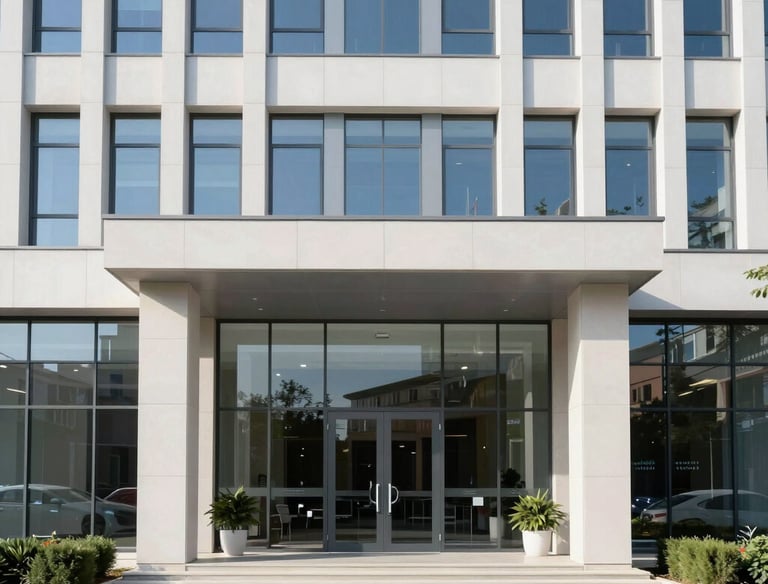 Modern office building exterior with glass facade in Thessaloniki.