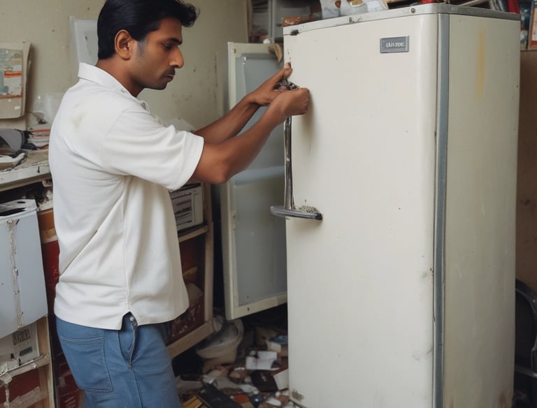 a man riding a skateboard down a street next to tall buildings