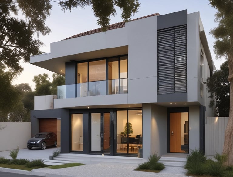 A modern single-storey custom home with large windows and a landscaped front yard.