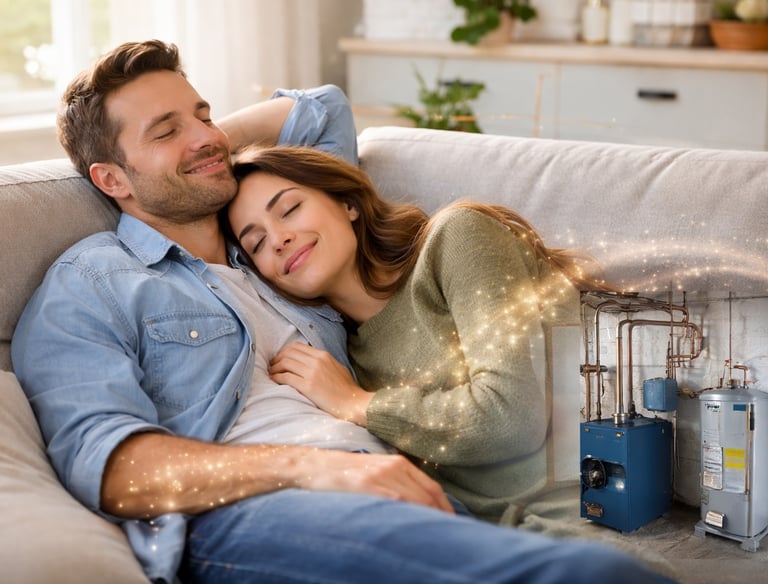 A happy couple relaxes on a sofa, enjoying a warm home thanks to an efficient water heater and boiler system, emphasizing