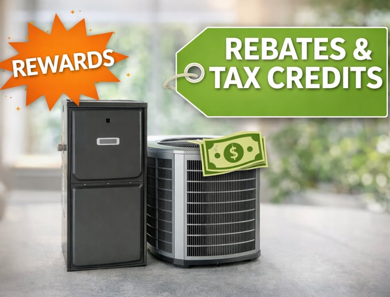 New HVAC system with furnace and AC unit, indicating available rewards, rebates, and tax credits for energy efficiency