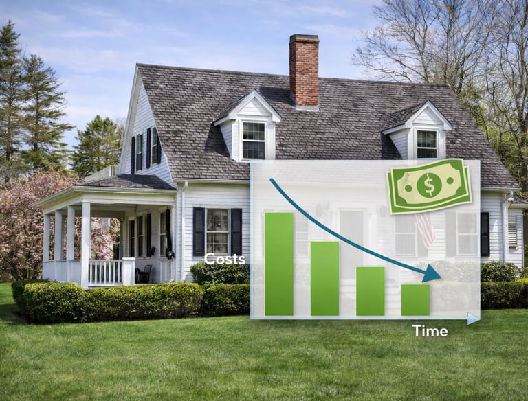 A white colonial house with a graph overlaid showing decreasing costs over time, symbolizing home cost reduction.