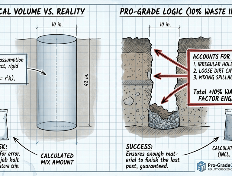 Diagram comparing theoretical vs real-world post hole concrete calculations with 10% waste factor for construction.