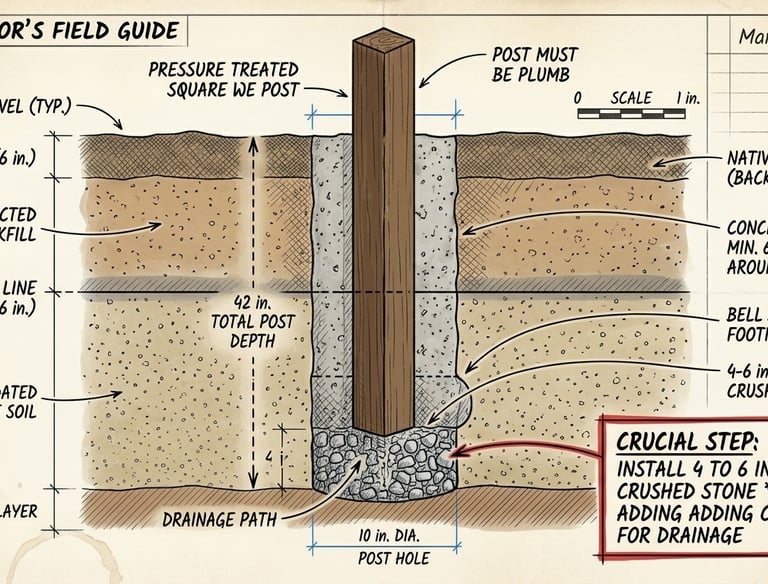 Diagram showing a fence post installation with a concrete footing, gravel base, and frost line depth.