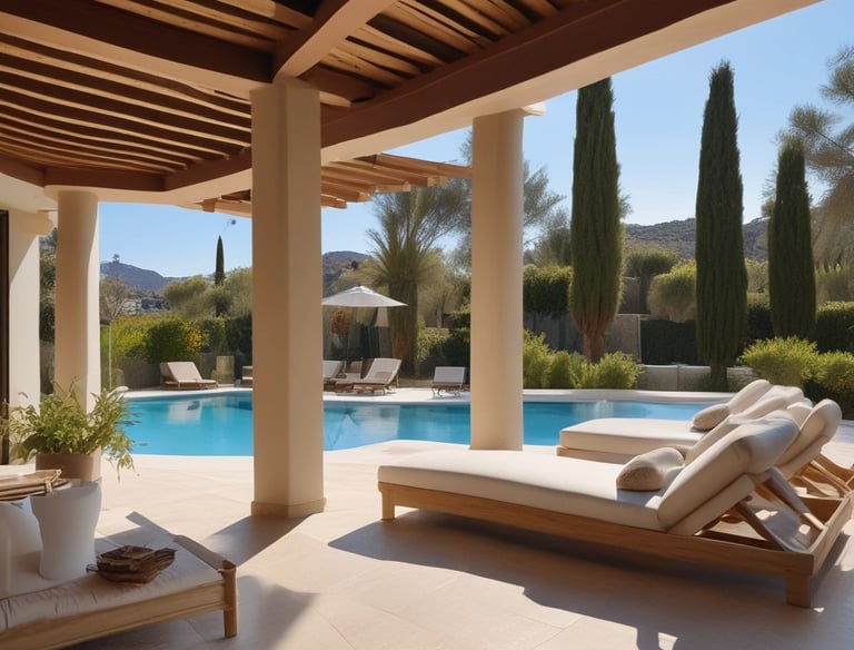 Modern luxury villa with sea view in Marbella at sunset.