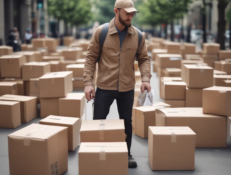 Courier delivering a package quickly in an urban business district.