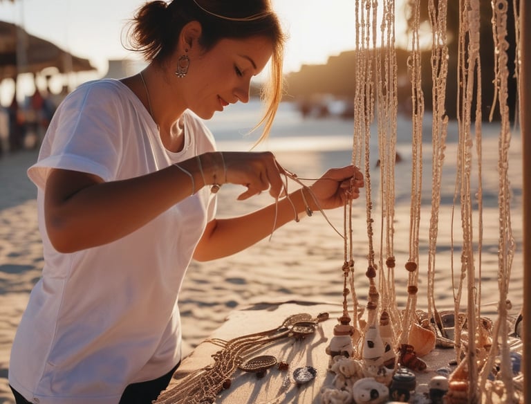 mujer haciendo collares de macramé en un taller en la playa
