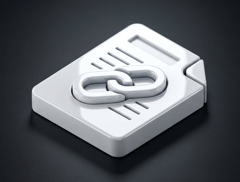 3D minimalist icon of a hyperlink on a document, representing high-authority guest posting and edito