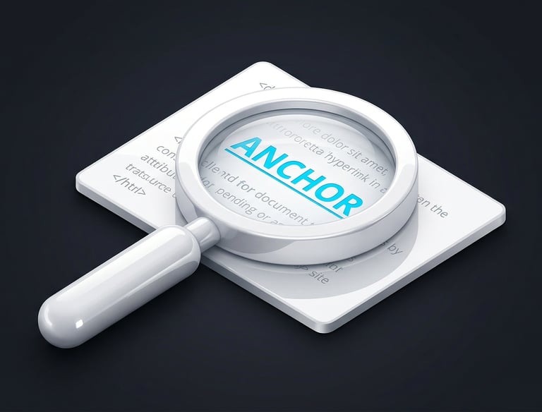 3D magnifying glass focusing on anchor text, representing precise niche edits and contextual link bu