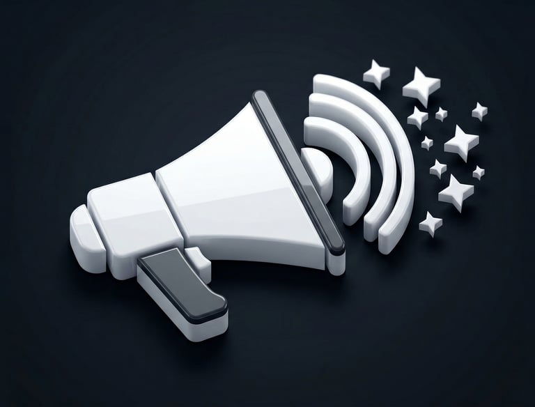 3D glossy megaphone icon with stars, symbolizing strategic digital PR outreach and brand mentions fo