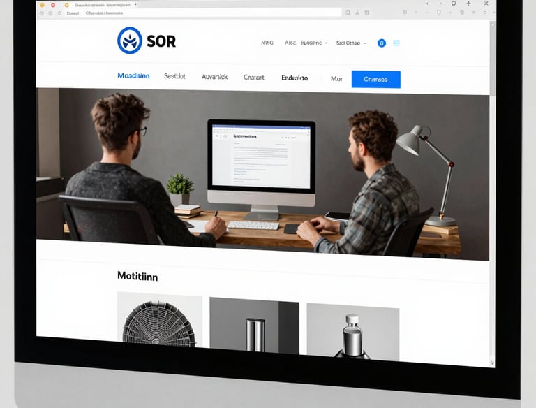 A sleek, modern workspace with a laptop displaying a minimalist website design in dark mode.