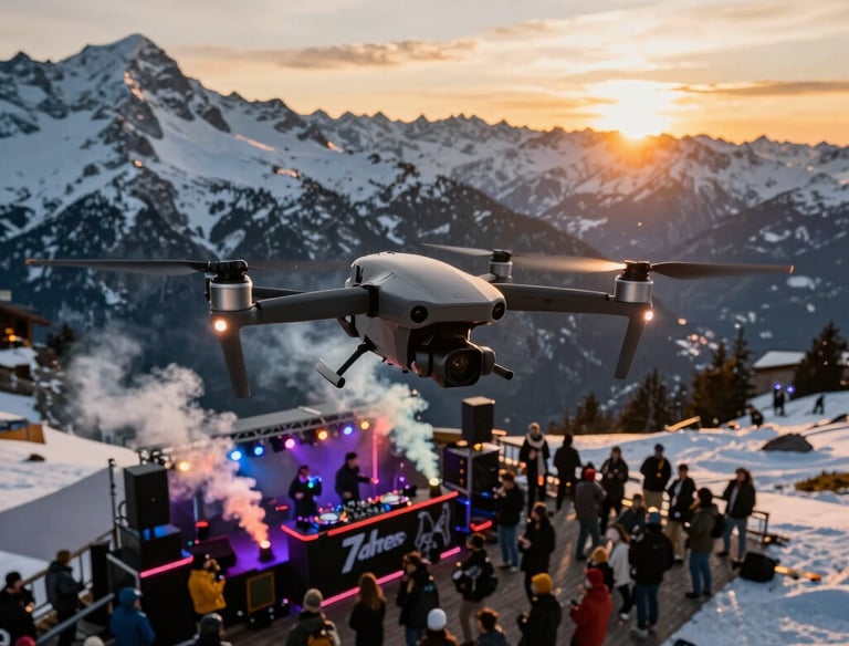 A gray camera drone flying over a snowy mountain DJ party at sunset.