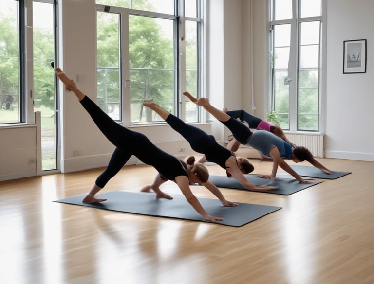 Group Pilates session with diverse participants in a bright room.