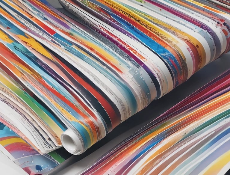 Vibrant flexo ink colors drying on a printing press.