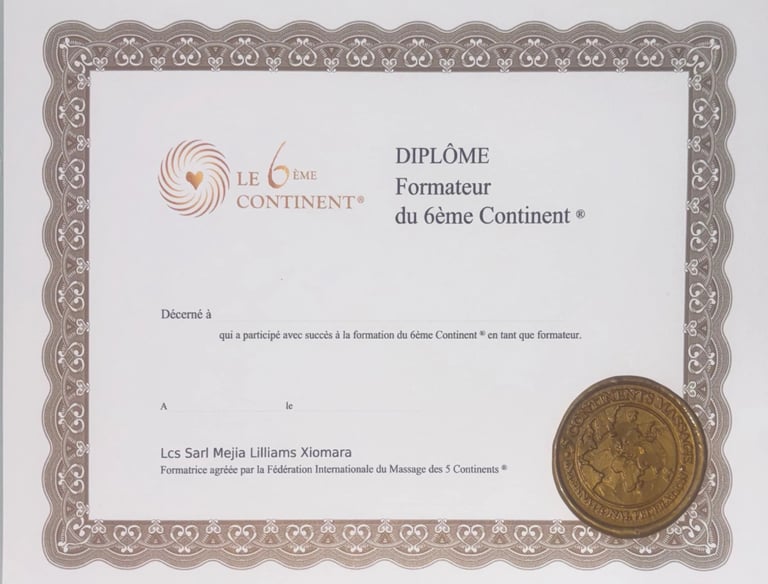 Diplôme de formateur du 6ème Continent avec cadre doré et sceau officiel.