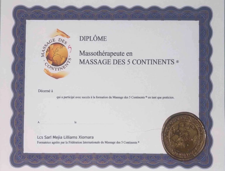 Diplôme de massothérapeute en Massage des 5 Continents avec cadre bleu et médaille officielle.
