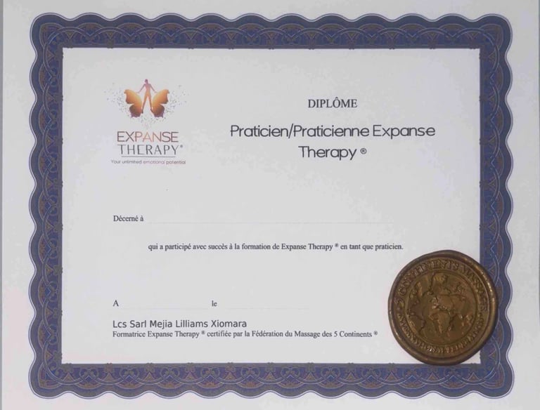 Diplôme de praticien en Expanse Therapy avec cadre décoratif bleu et sceau officiel.