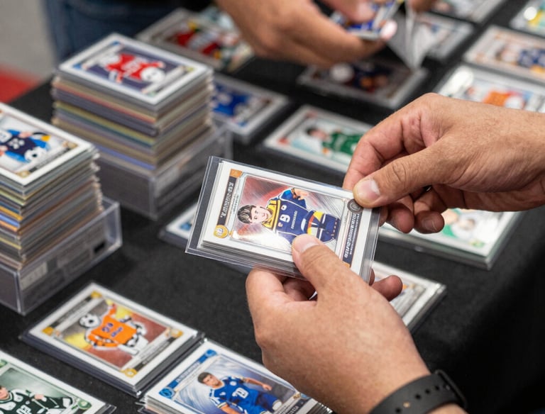 Close-up of rare soccer cards displayed on a collector’s table.