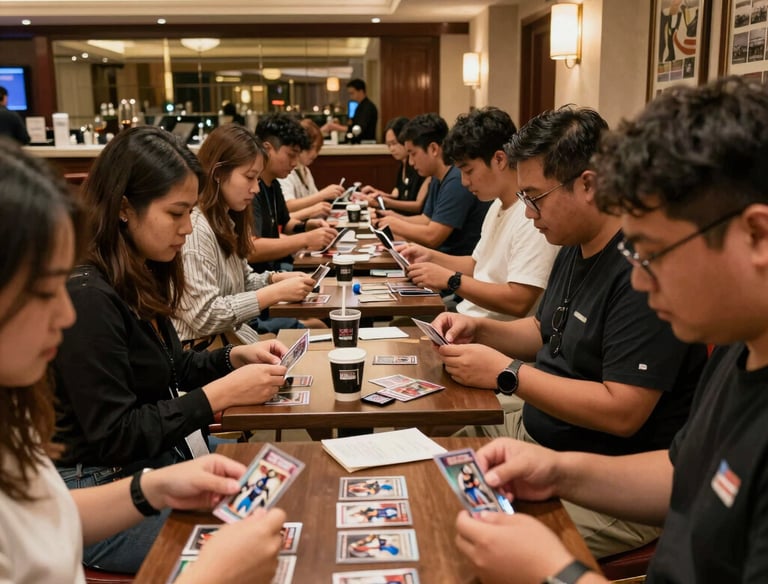 Evening scene at the Holiday Inn with collectors trading cards and chatting.