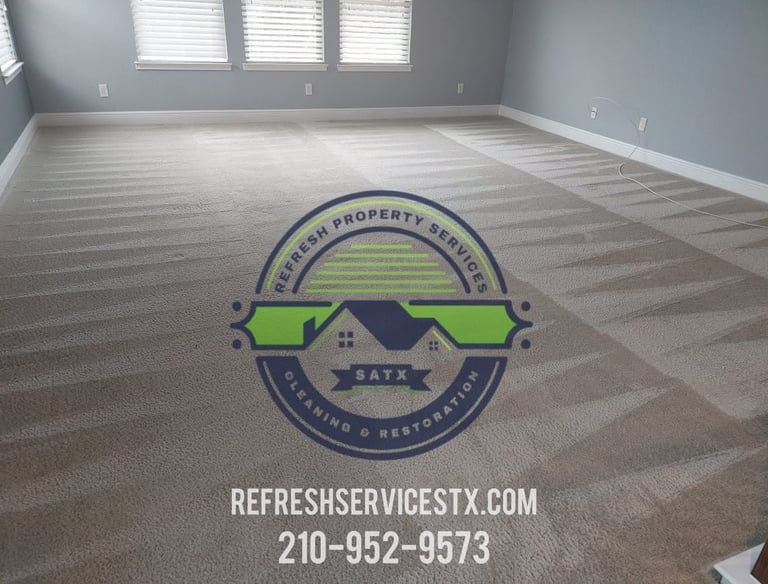 Freshly steam cleaned beige carpet with professional grooming lines by Refresh Property Services in San Antonio.