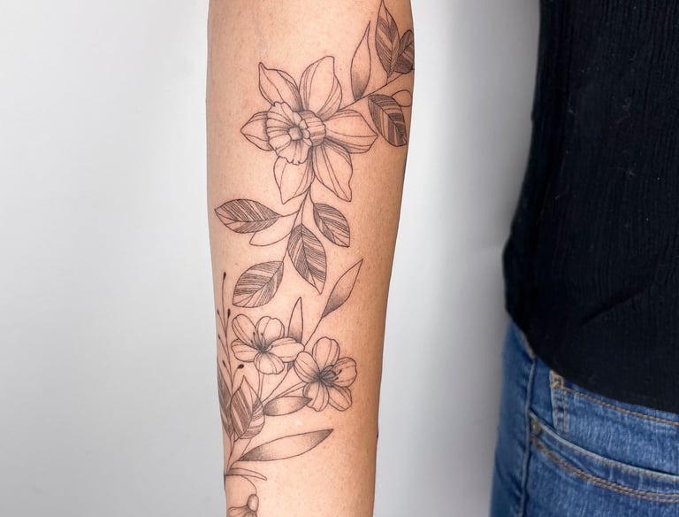 Tatouage floral tournant autour de l'avant-bras jonquille et sakuras