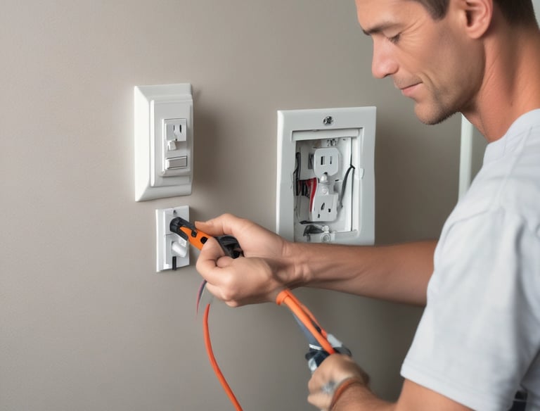 Electricians installing wiring inside a residential building with safety gear.