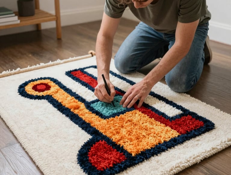 Customer happily unrolling a rava rug in a bright, modern living room.