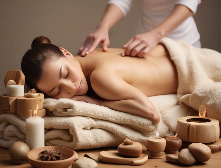 A serene massage session in a softly lit room with calming decor.