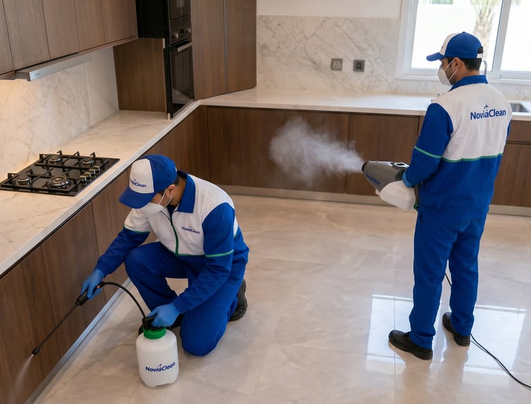 فني NoviaClean بزي موحّد يحمل شعار الشركة ينفذ مكافحة حشرات في جدة بمواد آمنة