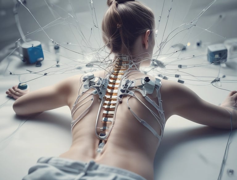 Person using electrical stimulation equipment in a bright, accessible gym setting.