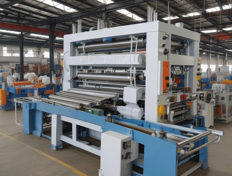 Workers operating machinery for disposable product manufacturing.